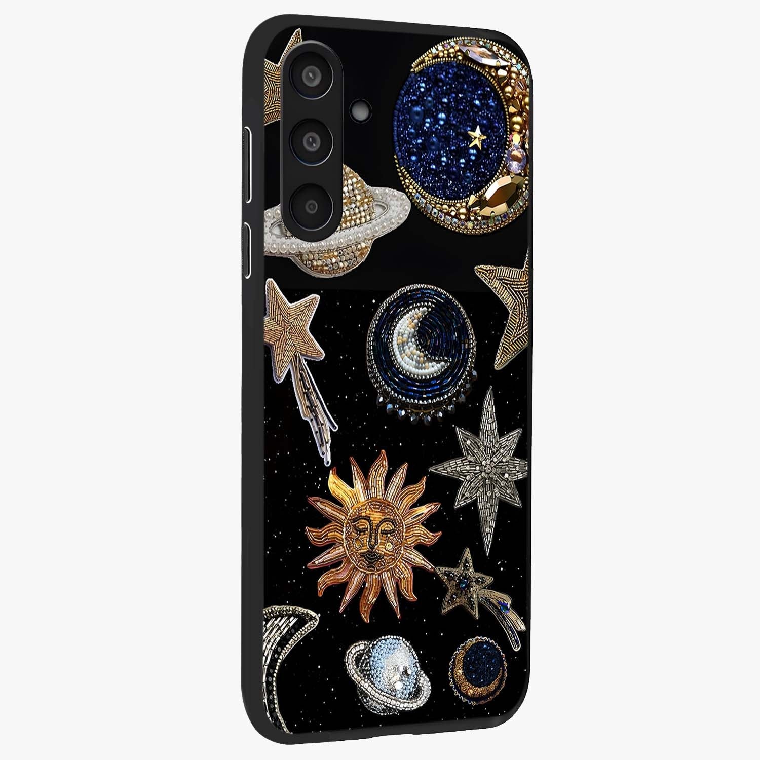 Celestial Gem Constellations Glass Case upright view showcasing cosmic constellation artwork with celestial aesthetic style.