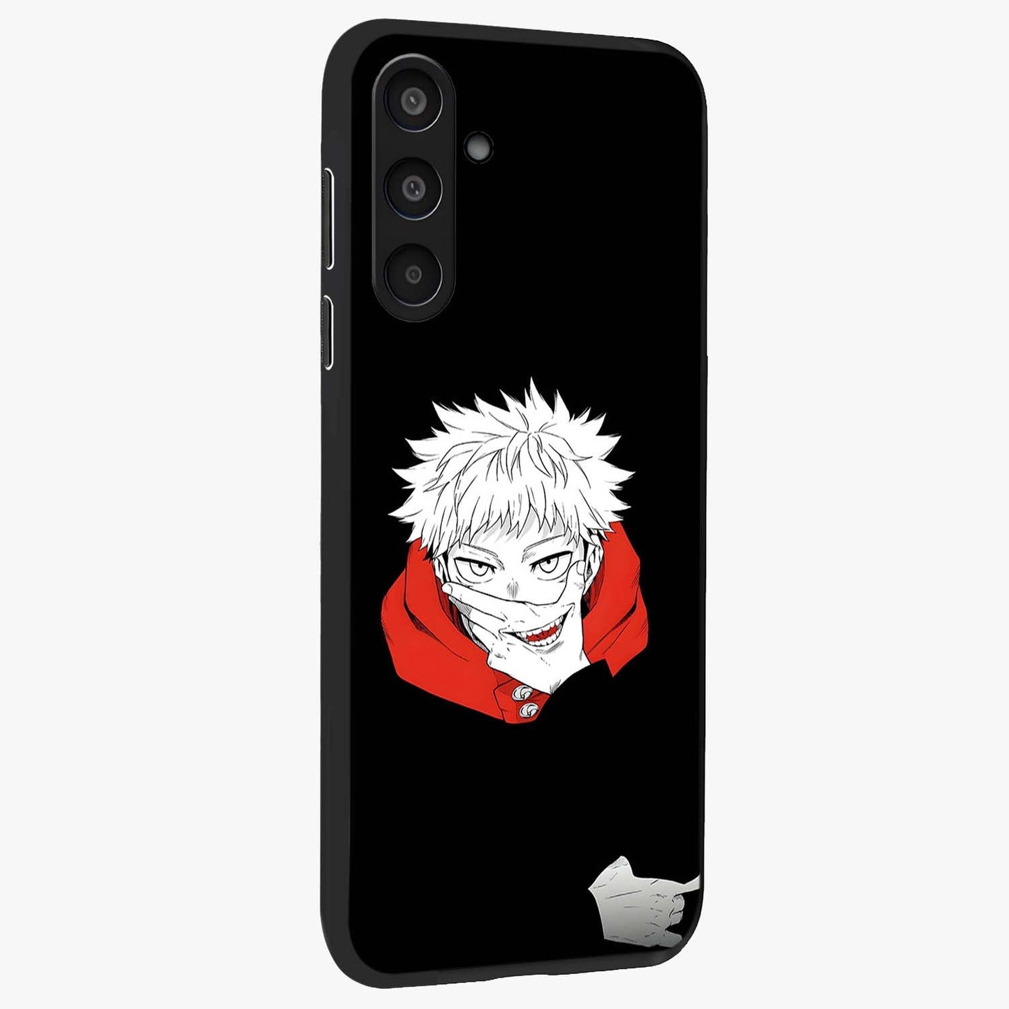 Crimson Chaos Smile Glass Case upright view showcasing expressive chaotic artwork with striking visual theme.