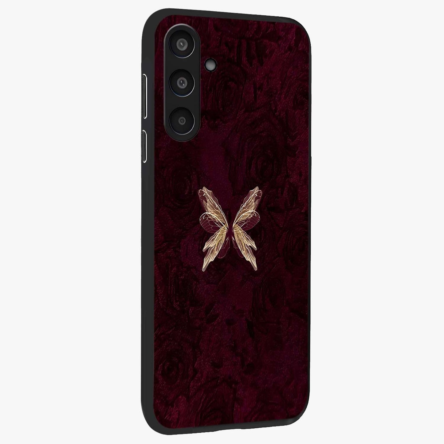 Crimson Fade Butterfly Glass Case upright view showcasing graceful butterfly artwork with soft crimson fade effect.