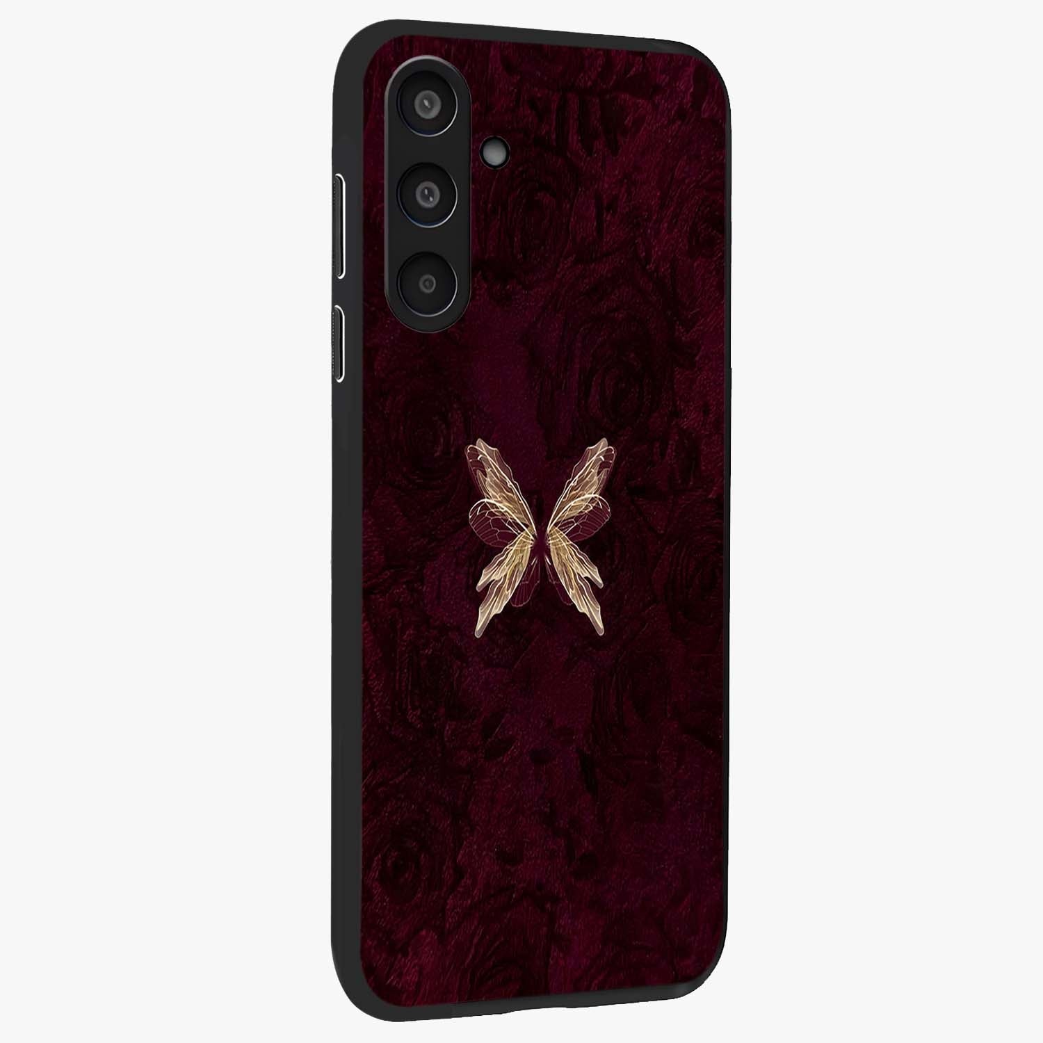 Crimson Fade Butterfly Glass Case upright view showcasing graceful butterfly artwork with soft crimson fade effect.