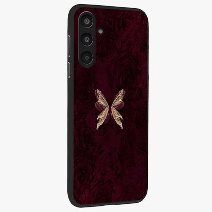 Crimson Fade Butterfly Glass Case upright view showcasing graceful butterfly artwork with soft crimson fade effect.