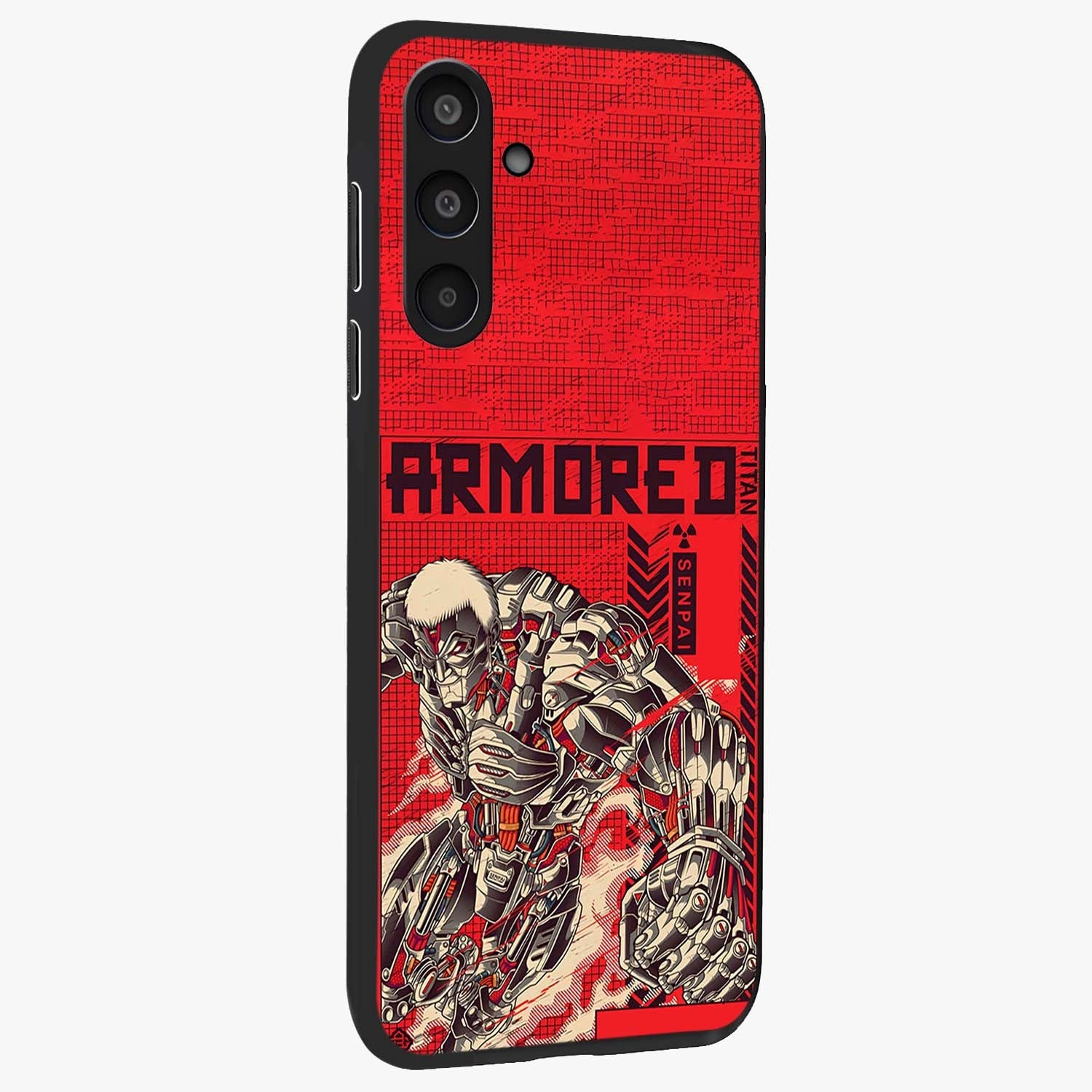 Crimson Mecha Titan Glass Case upright view showcasing dynamic robotic titan design with sci-fi inspired theme.