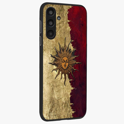 Crimson Sun Majesty Glass Case upright view showcasing vibrant sun artwork with powerful celestial theme.