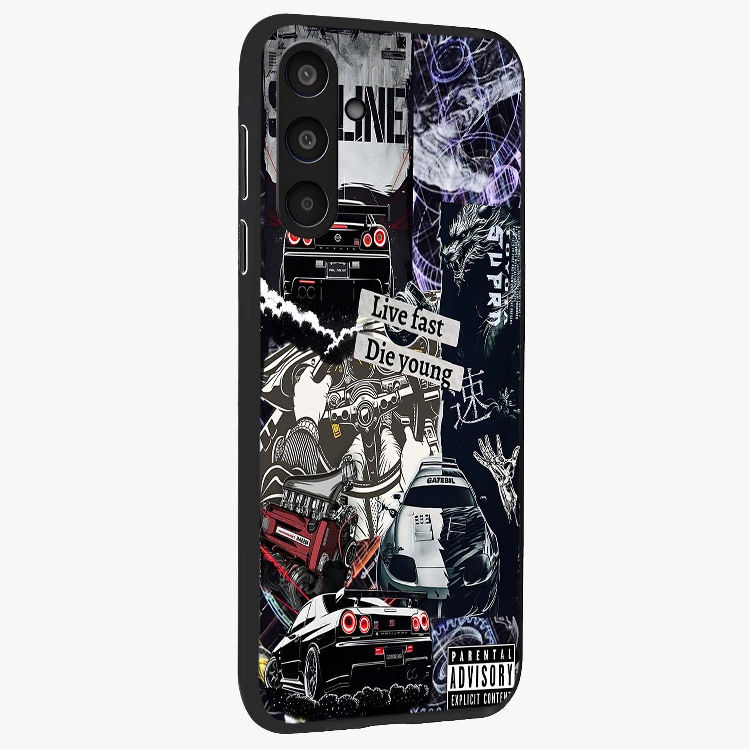 Die Young Glass Case upright view showcasing striking typography artwork with modern statement theme.