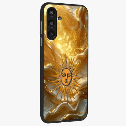 Eternal Golden Glow Glass Case upright view showcasing luminous golden artwork with luxurious visual theme.