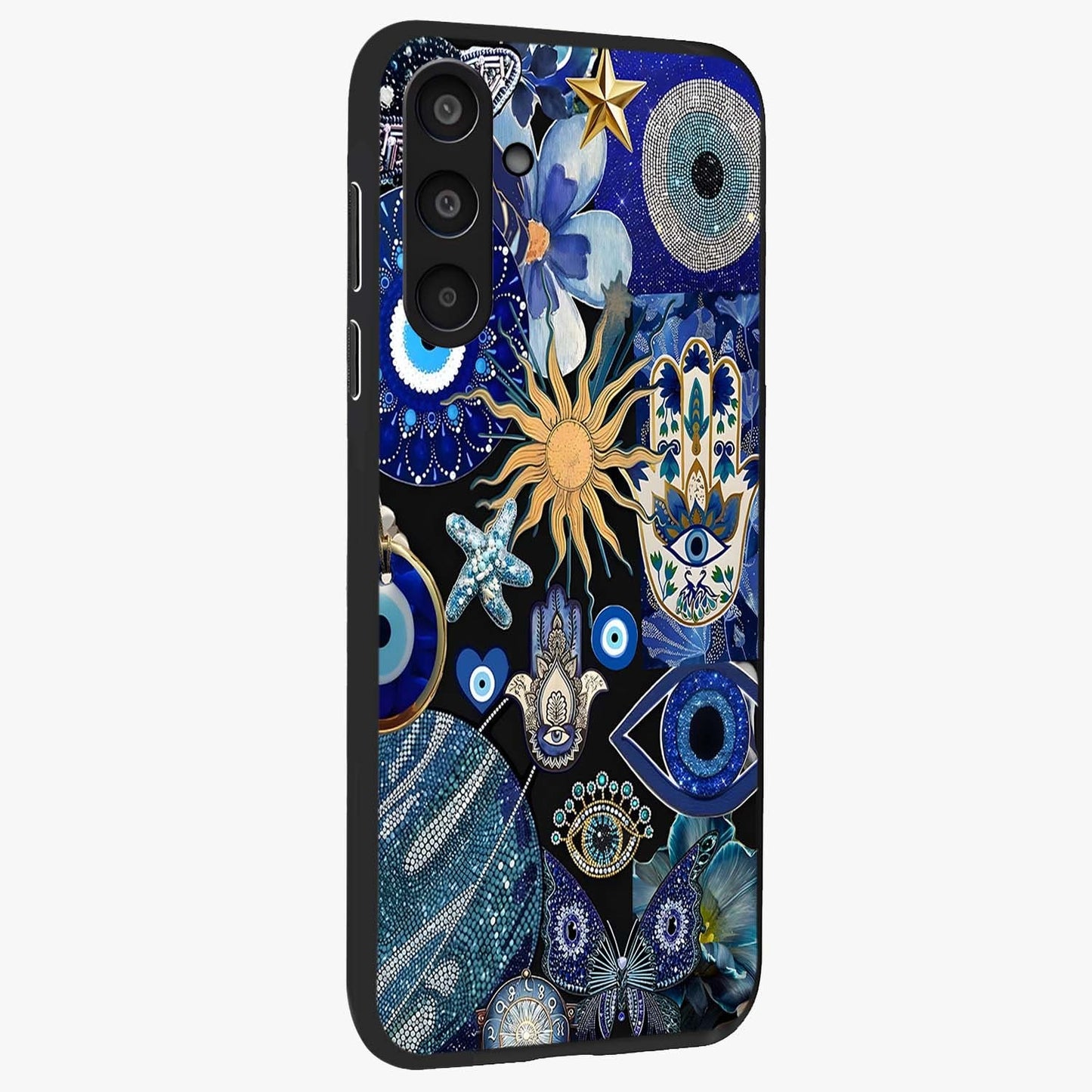 Evil Eye Charm Mix Glass Case upright view showcasing mystical evil eye pattern with vibrant decorative style.