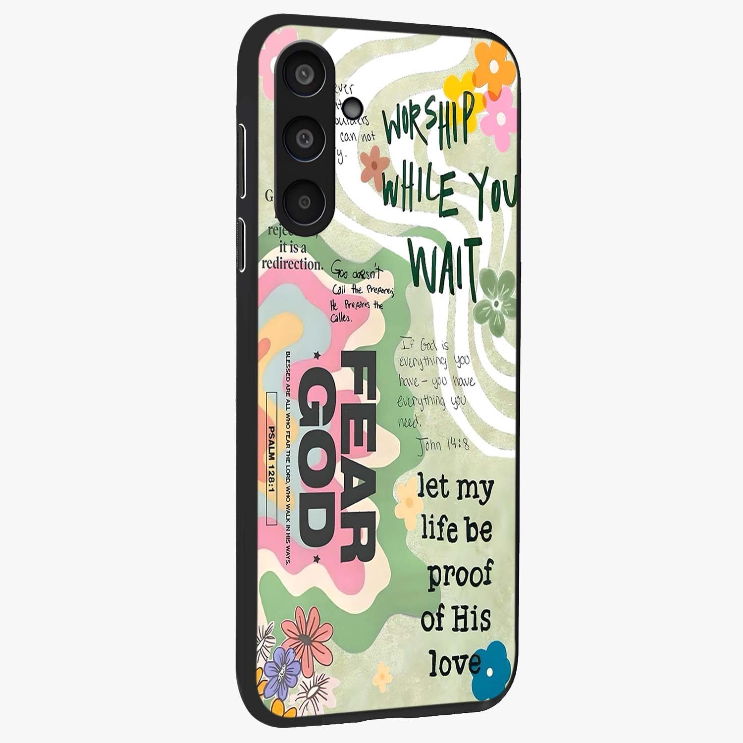 Faith Over Fear Glass Case upright view showcasing bold typography artwork with uplifting motivational theme.