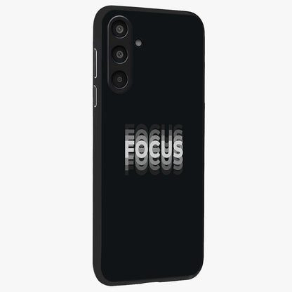 Focus Mode On Glass Case upright view showcasing strong typography statement with sleek motivational theme.