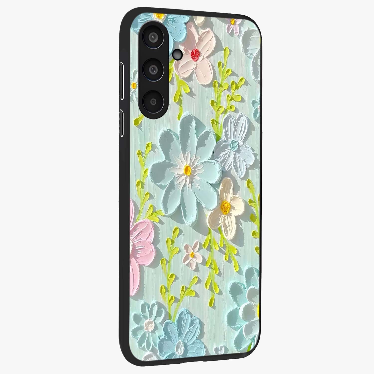 Frosted Petal Garden Glass Case upright view showcasing elegant floral garden artwork with soothing pastel theme.
