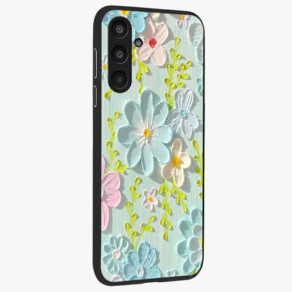 Frosted Petal Garden Glass Case upright view showcasing elegant floral garden artwork with soothing pastel theme.