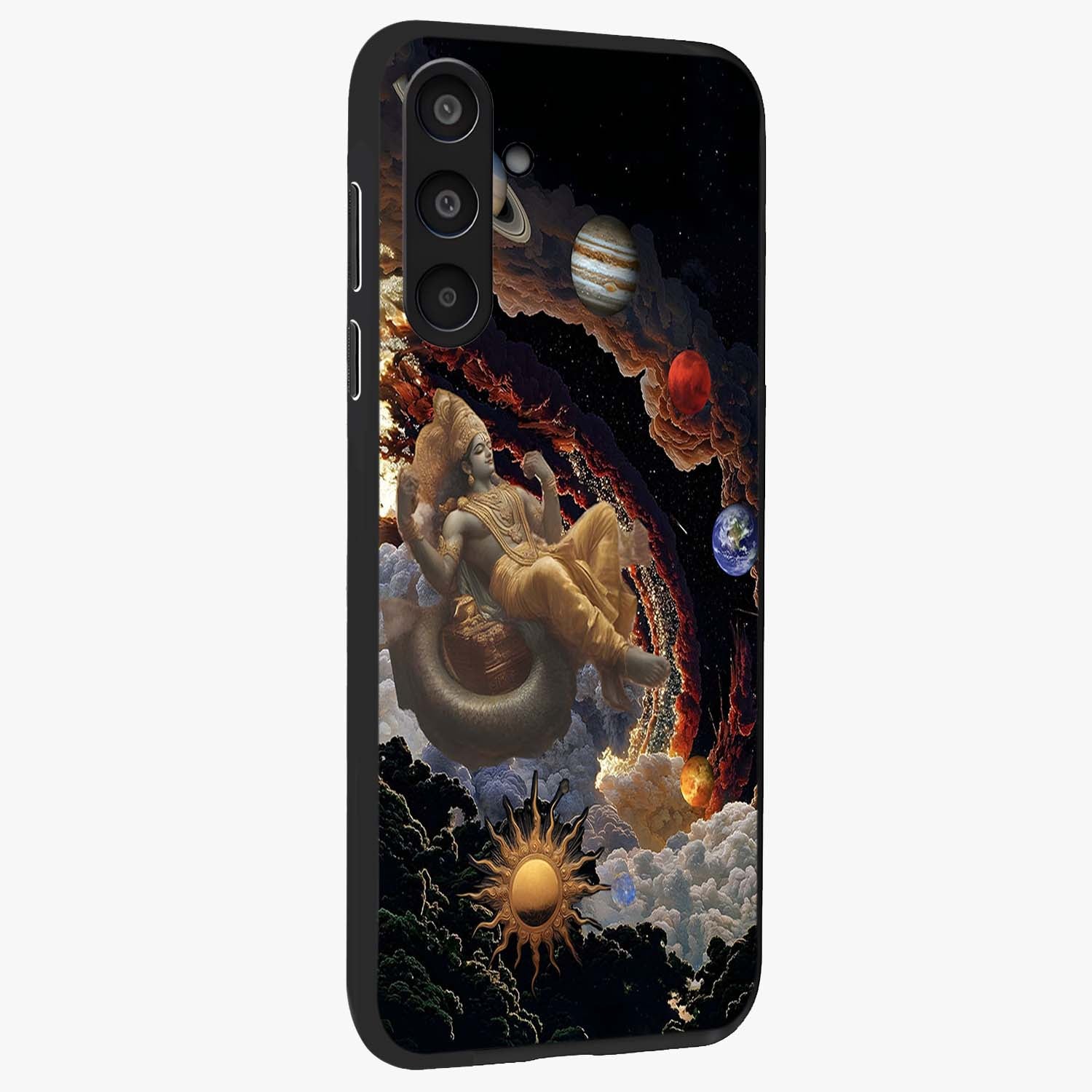 Galactic Divine God Glass Case upright view showcasing mystical divine artwork with dramatic cosmic theme.