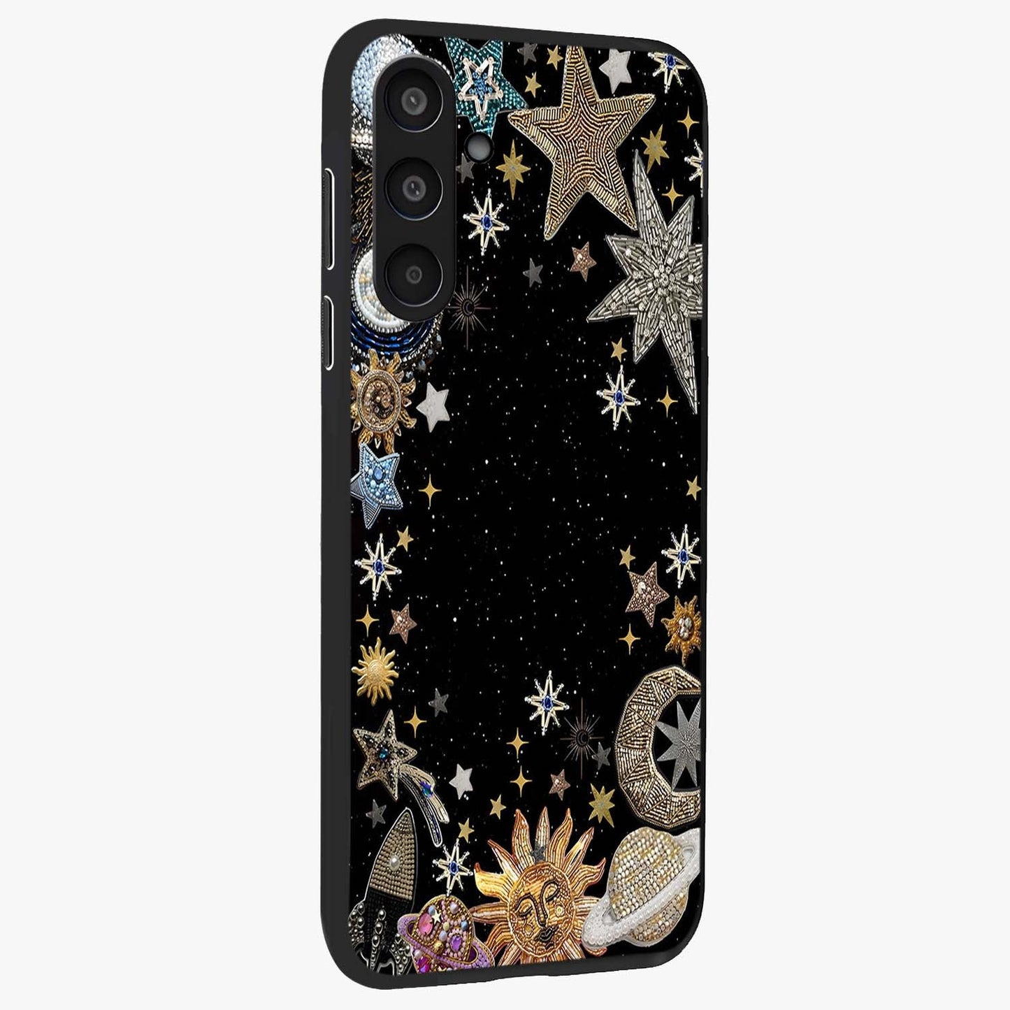 Galactic Jewel Stars Glass Case upright view showcasing glittering star jewel artwork with vibrant galaxy theme.