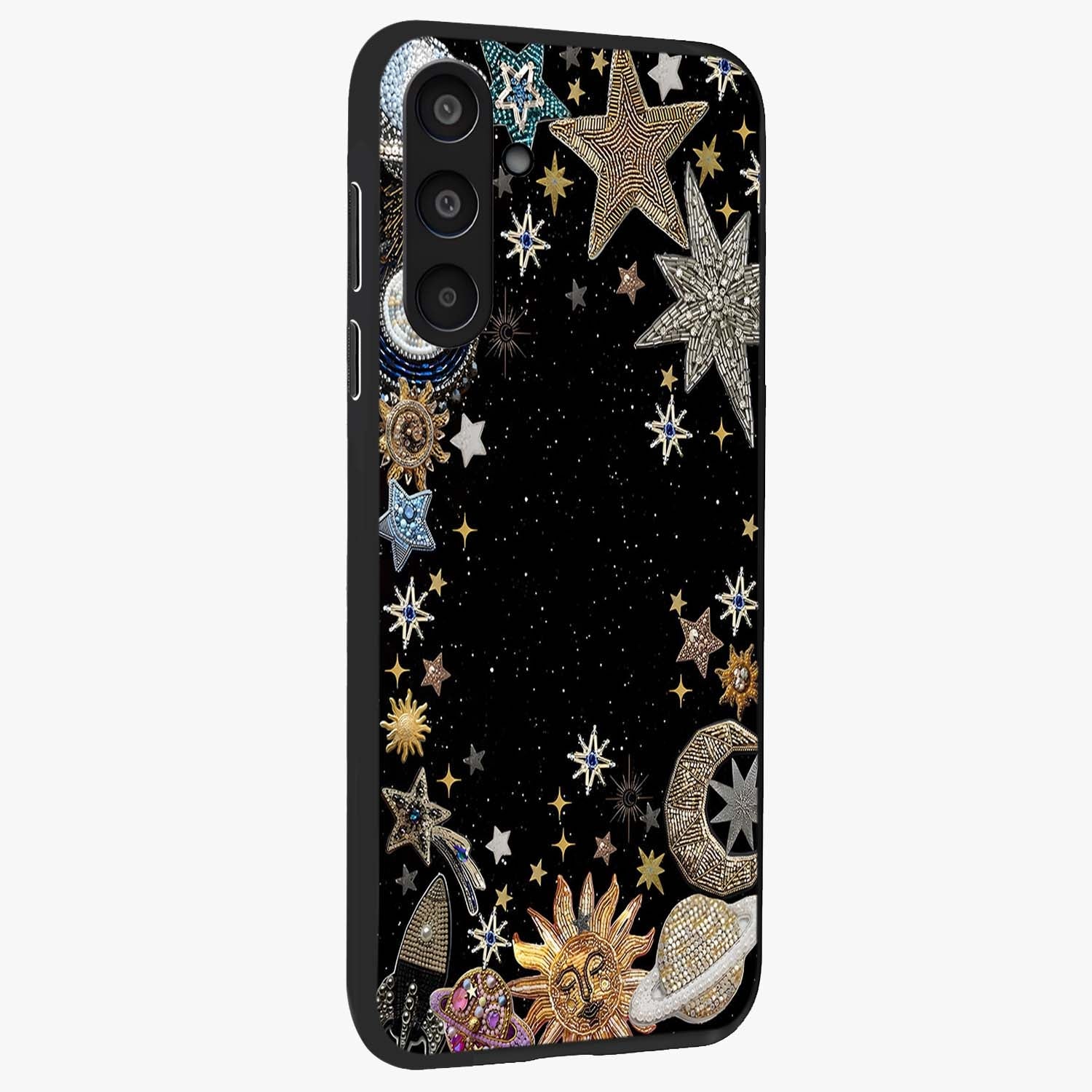 Galactic Jewel Stars Glass Case upright view showcasing glittering star jewel artwork with vibrant galaxy theme.