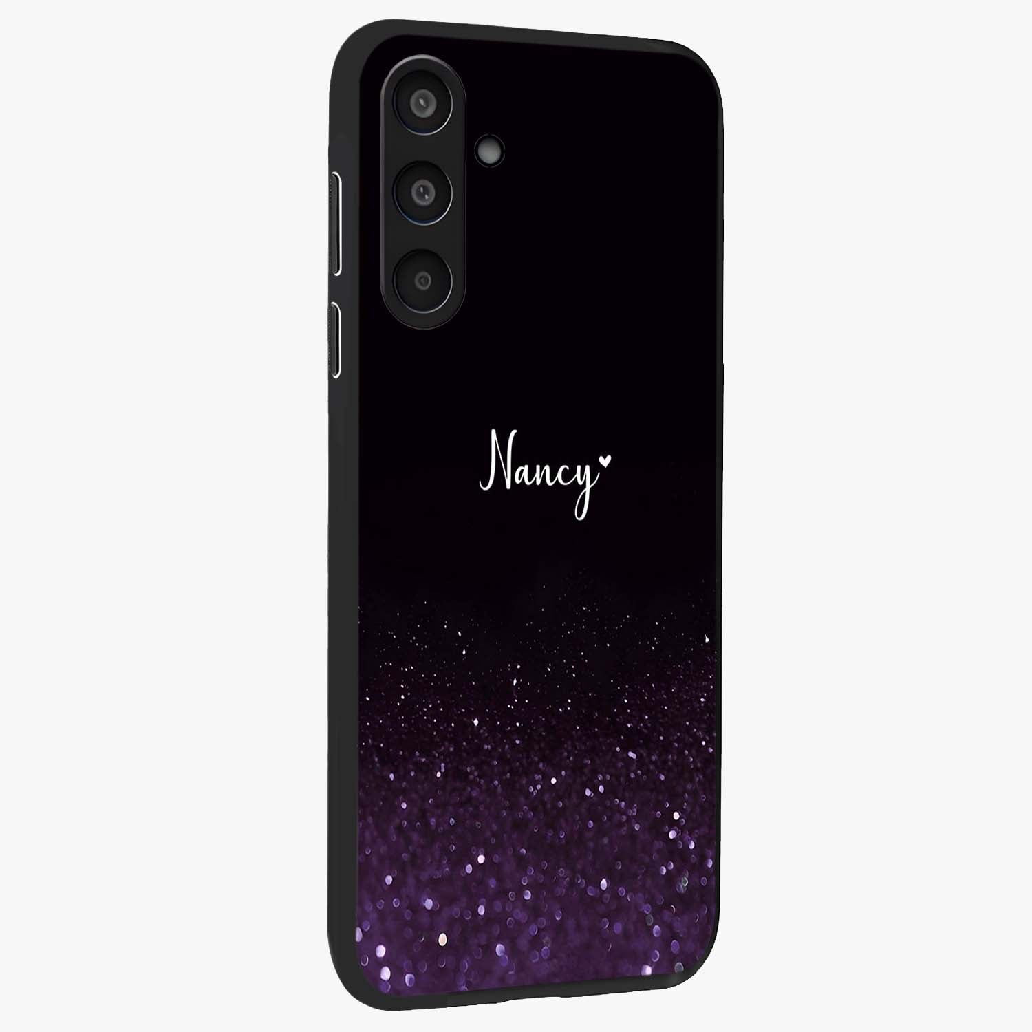 Glittery Purple Bokeh Custom Name Glass Case upright view showcasing vibrant purple sparkle artwork with personalized aesthetic style.