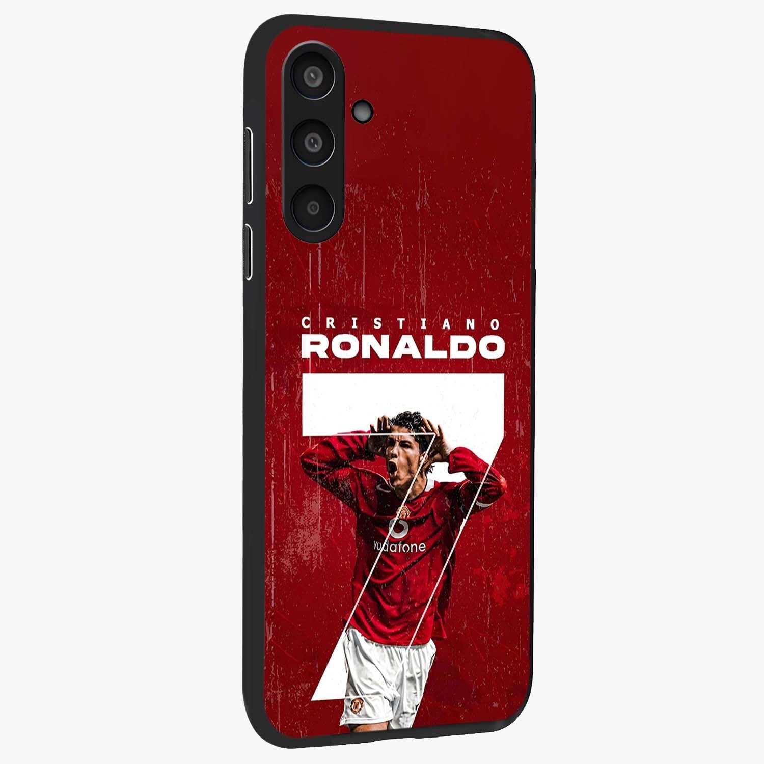 Goal Celebration Legacy Glass Case upright view showcasing dynamic football inspired artwork with victory celebration aesthetic.