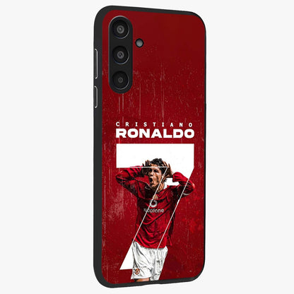 Goal Celebration Legacy Glass Case upright view showcasing dynamic football inspired artwork with victory celebration aesthetic.