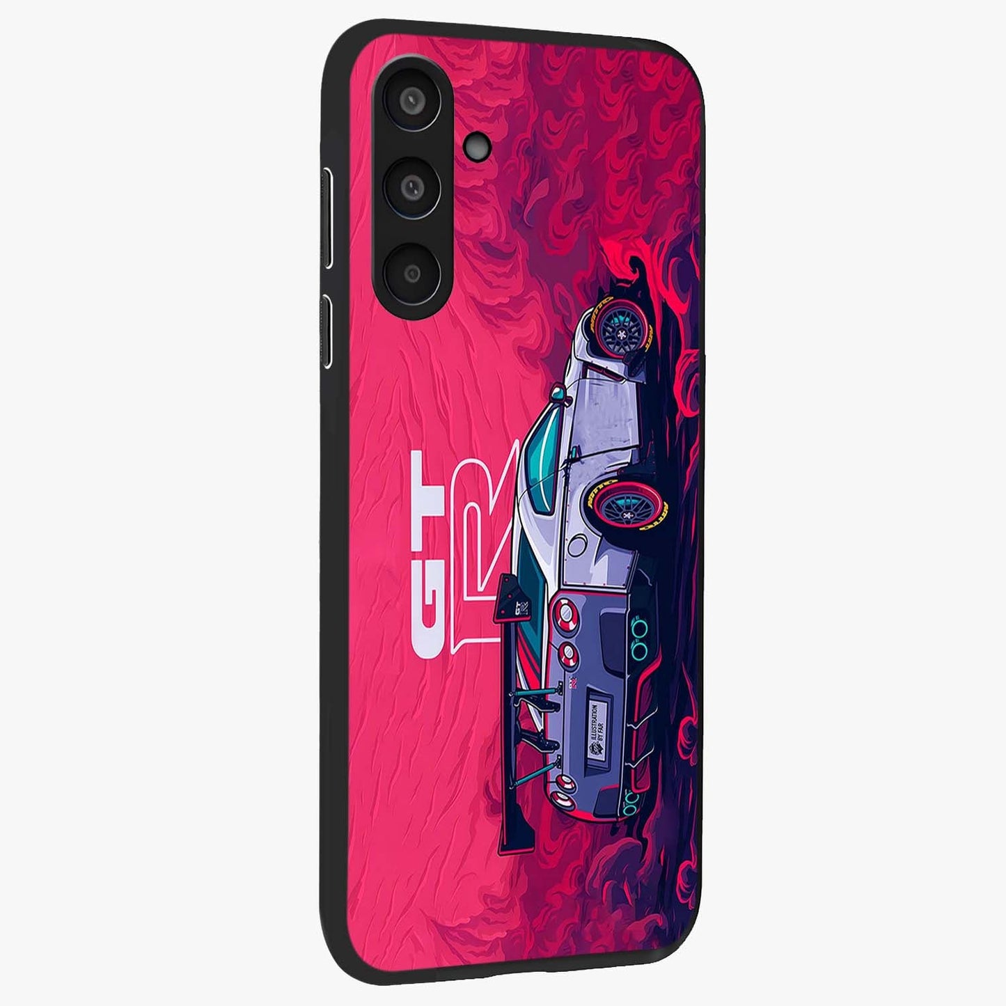 GT-R Car Pattern Glass Case upright view showcasing dynamic car pattern artwork with modern sports theme.