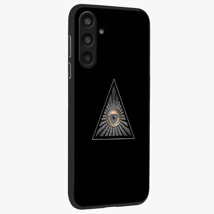 Illuminati Evil Glass Case upright view showcasing striking illuminati artwork with mysterious symbolic theme.
