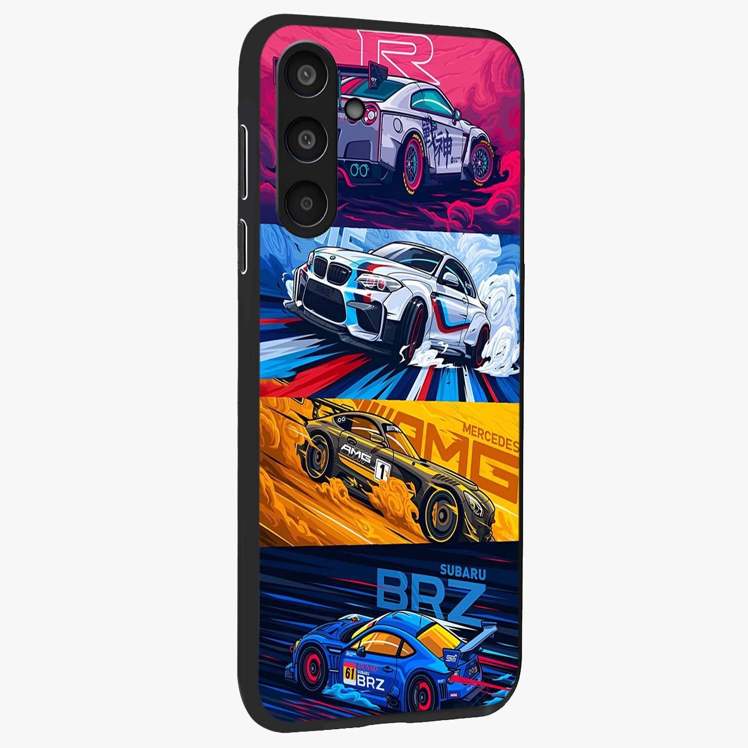 JDM Sports Car Glass Case upright view showcasing dynamic sports car artwork with bold racing theme.