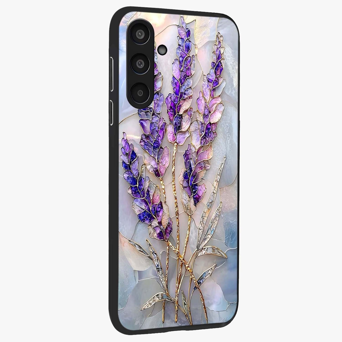 Lavender Dream Glow Glass Case upright view showcasing radiant lavender glow artwork with calming dreamy theme.