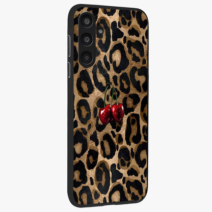 Leopard Wild Cherry Glass Case upright view showcasing stylish leopard pattern artwork with trendy fashion theme.