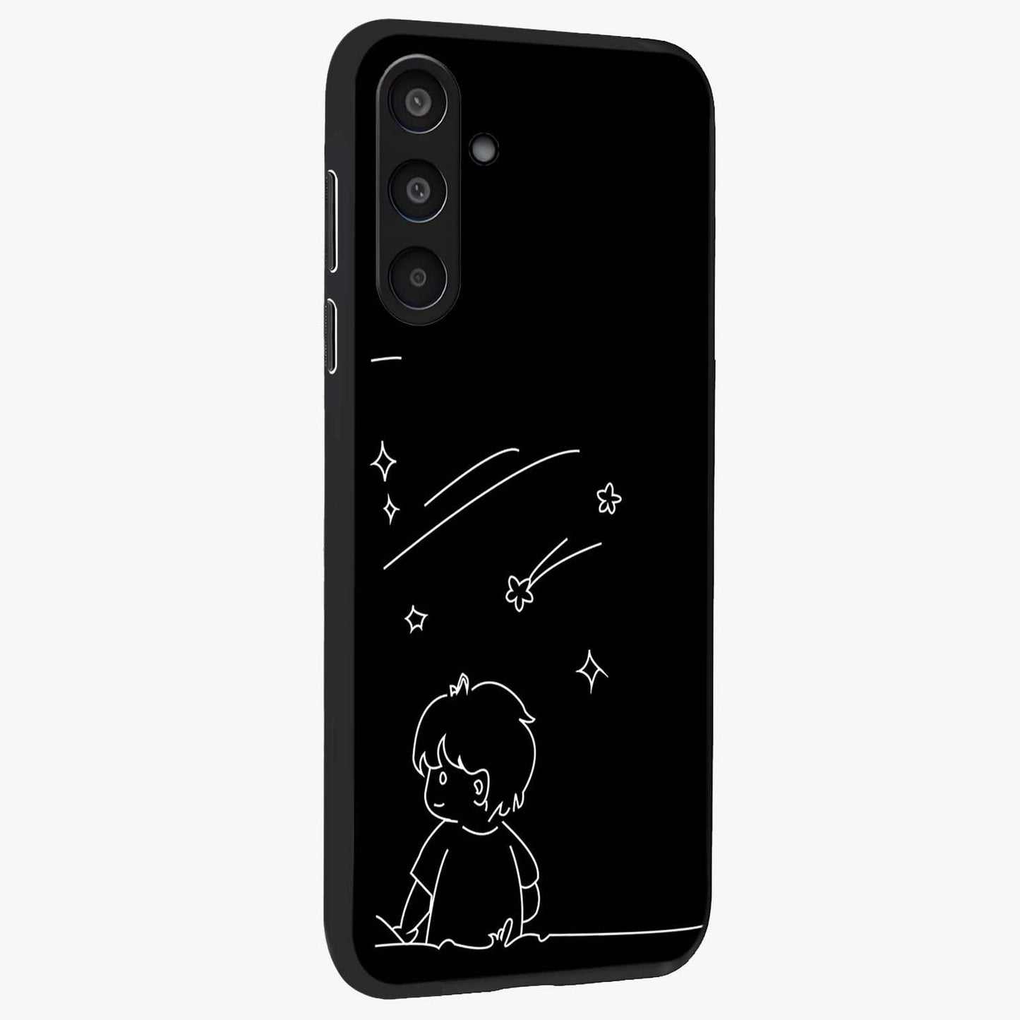 Line Art Boy With Shooting Stars Glass Case upright view showcasing artistic shooting star illustration with minimal style.