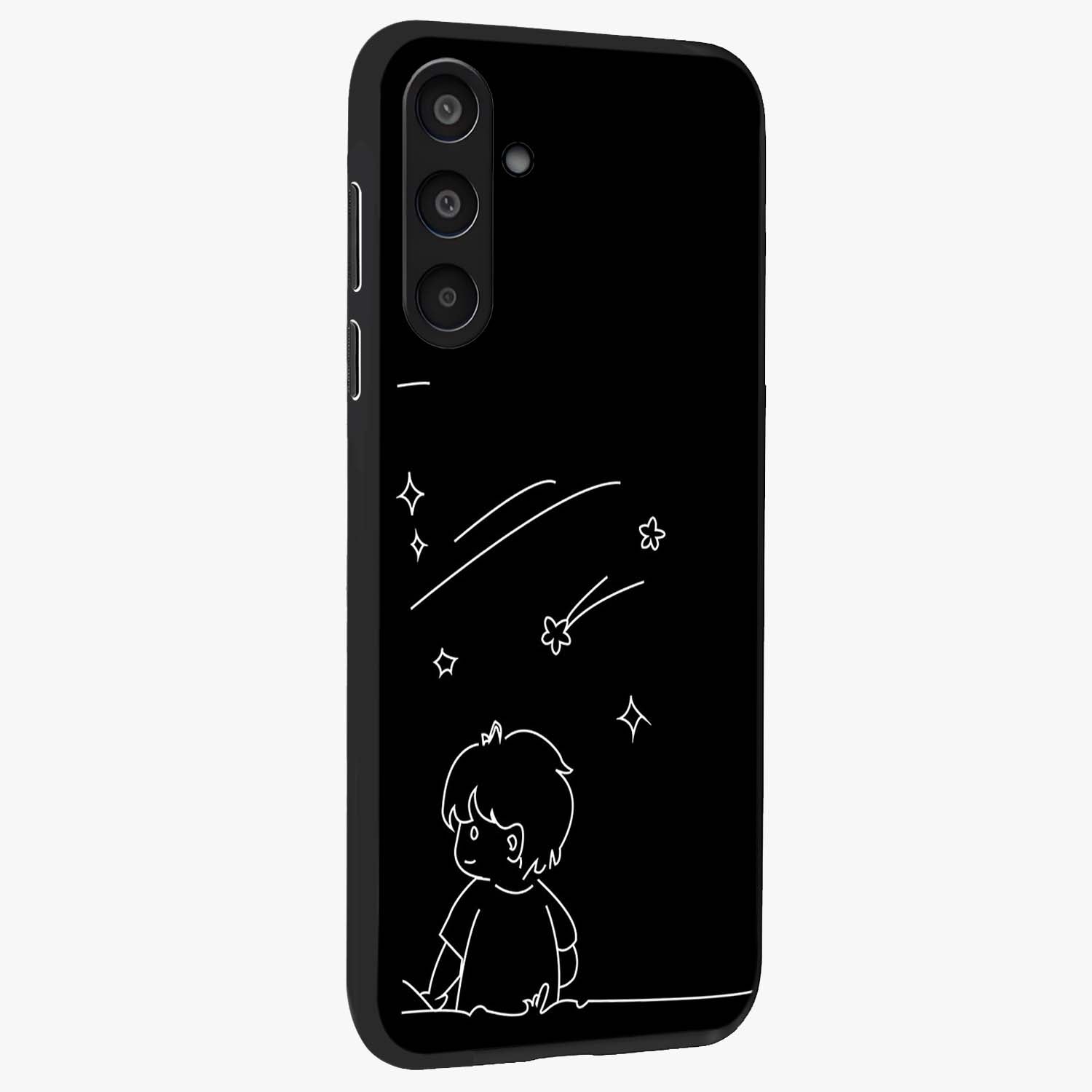 Line Art Boy With Shooting Stars Glass Case upright view showcasing artistic shooting star illustration with minimal style.