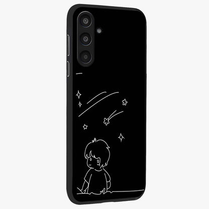 Line Art Boy With Shooting Stars Glass Case upright view showcasing artistic shooting star illustration with minimal style.