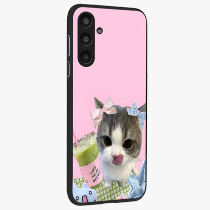 Love Matcha Cat Glass Case upright view showcasing adorable cat artwork with charming matcha themed design.