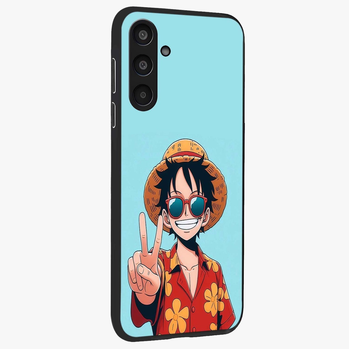 Luffy Summer Anime Vibe Glass Case upright view showcasing dynamic anime artwork with bright adventurous theme.