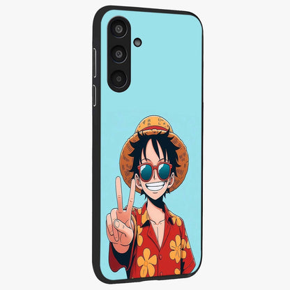 Luffy Summer Anime Vibe Glass Case upright view showcasing dynamic anime artwork with bright adventurous theme.