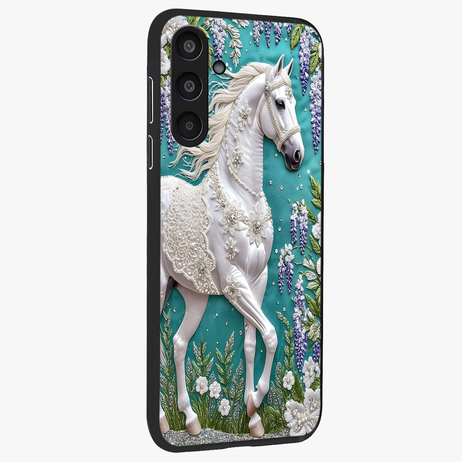 Majestic Floral Stallion Glass Case upright view showcasing dramatic horse artwork with decorative floral theme.