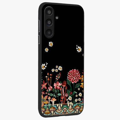 Midnight Bloom Pattern Glass Case upright view showcasing decorative floral artwork with deep night themed palette.
