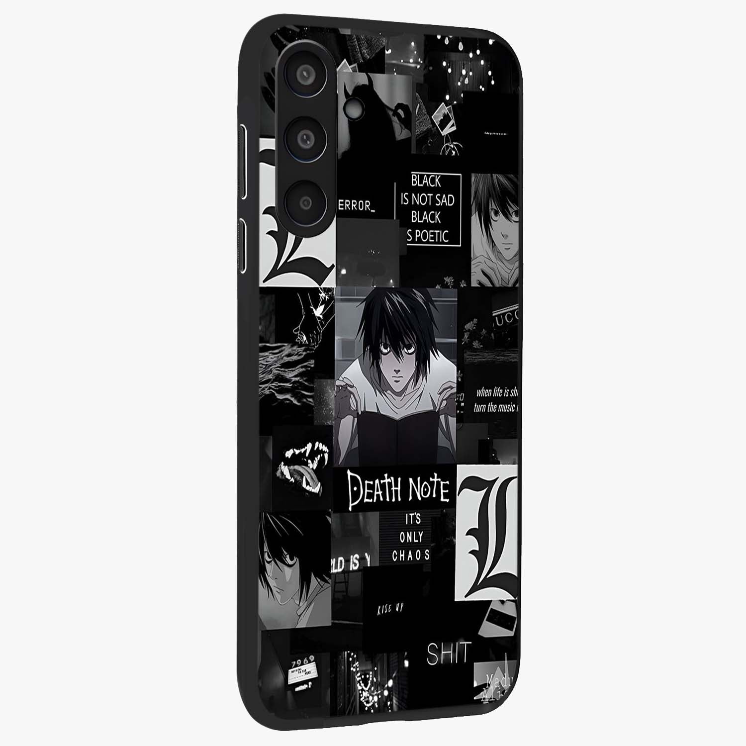 Midnight Chaos Mind Glass Case upright view showcasing expressive abstract artwork with bold dark theme.