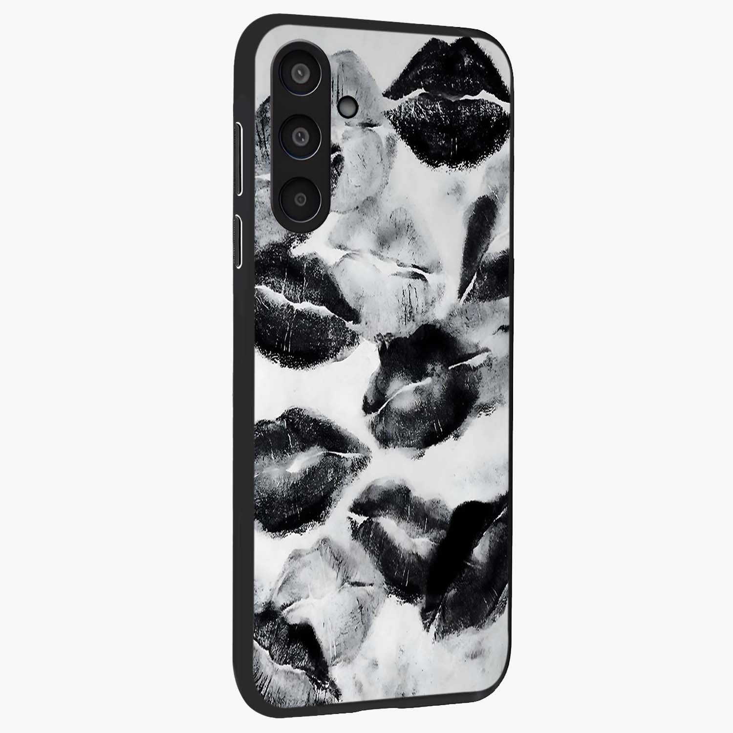 Midnight Kiss Marks Glass Case upright view showcasing stylish kiss mark artwork with trendy romantic theme.