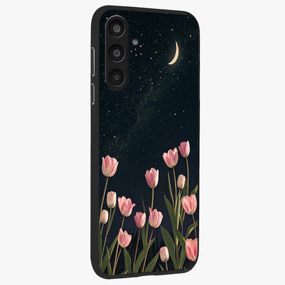 Midnight Tulip Whispers Vibe Glass Case upright view showcasing graceful tulip artwork with calm botanical theme.