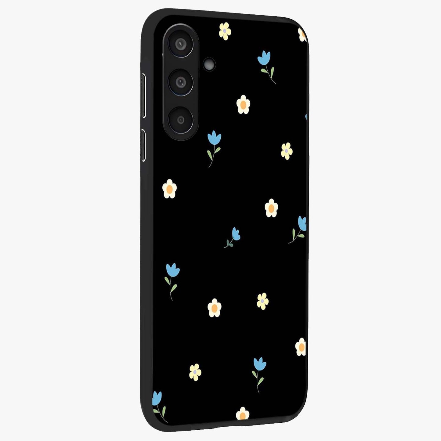 Minimal Petal Whispers Glass Case upright view showcasing elegant floral artwork with modern minimalist style.