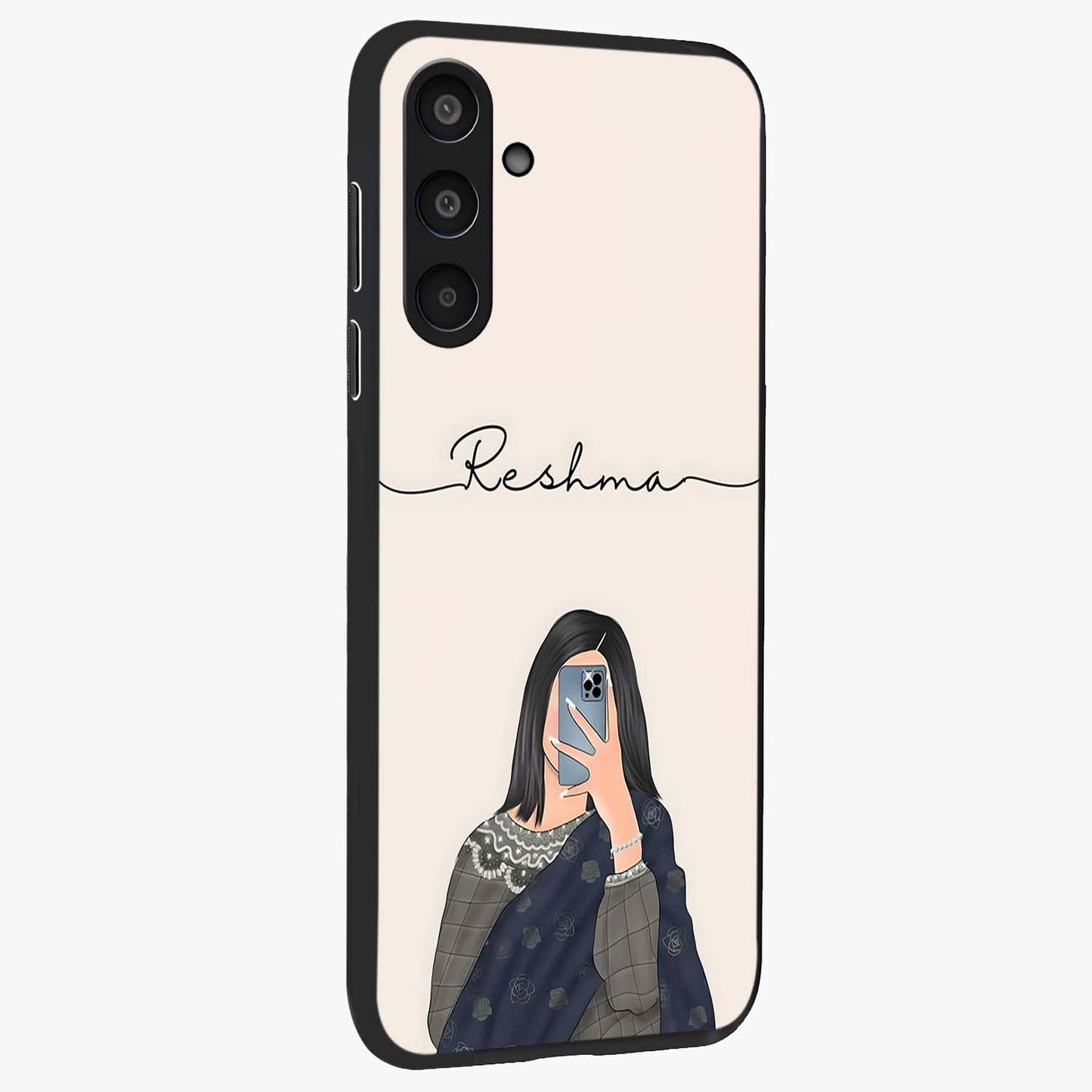Mirror Mood Muse With Custom Name Glass Case upright view showcasing artistic mirror themed artwork with personalized aesthetic.