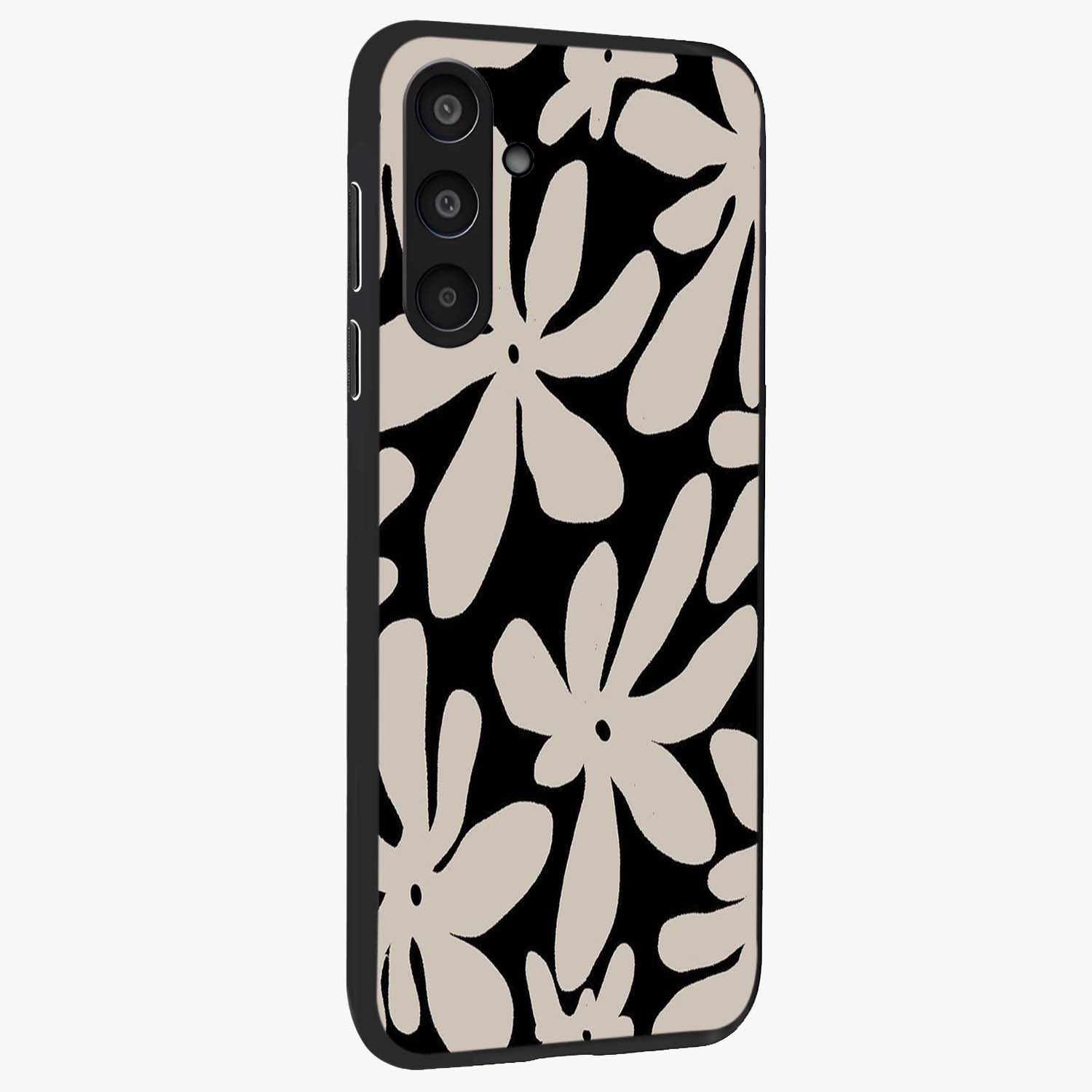 Monochrome Petal Dance Glass Case upright view showcasing artistic floral pattern with stylish monochrome theme.