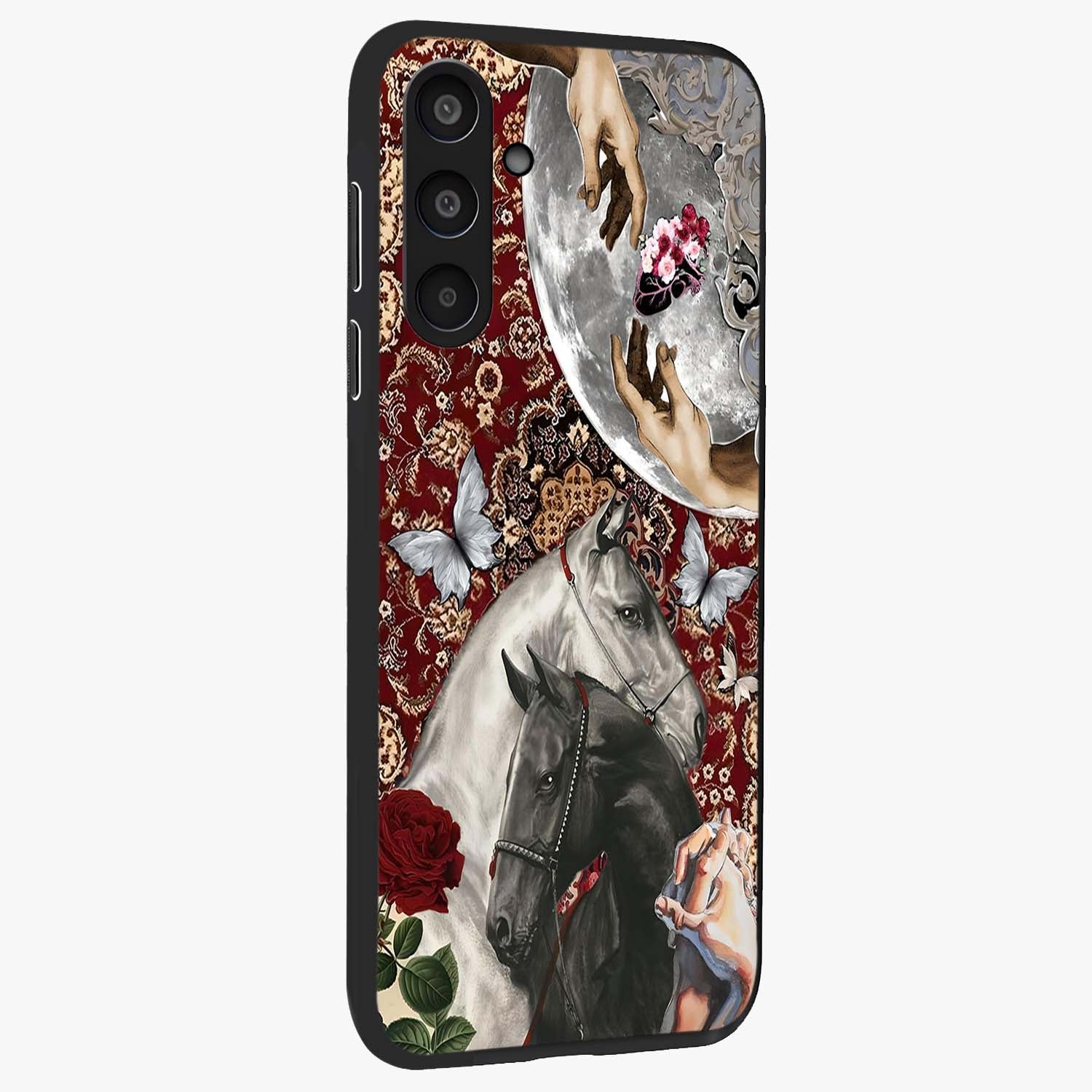 Moonlit Royal Stallion Glass Case upright view showcasing dramatic horse artwork with glowing moon themed design.