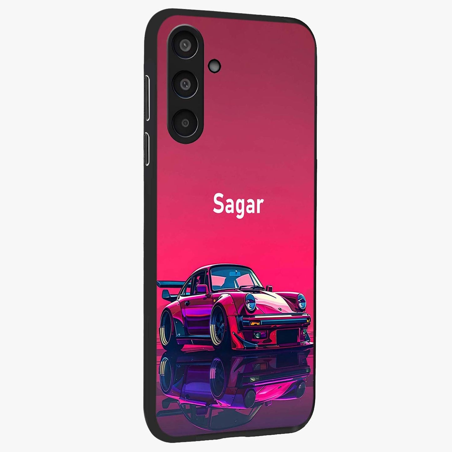 Neon Pink Porsche Glass Case upright view showcasing vibrant sports car artwork with bold automotive theme.