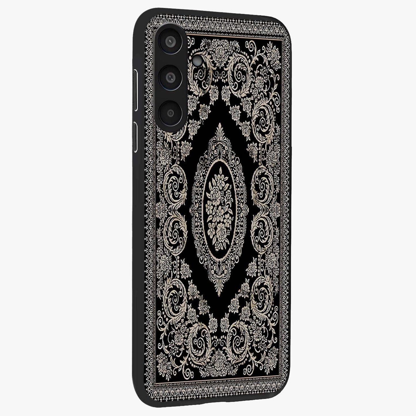 Noir Bloom Elegance Glass Case upright view showcasing graceful floral artwork with luxurious dark theme.
