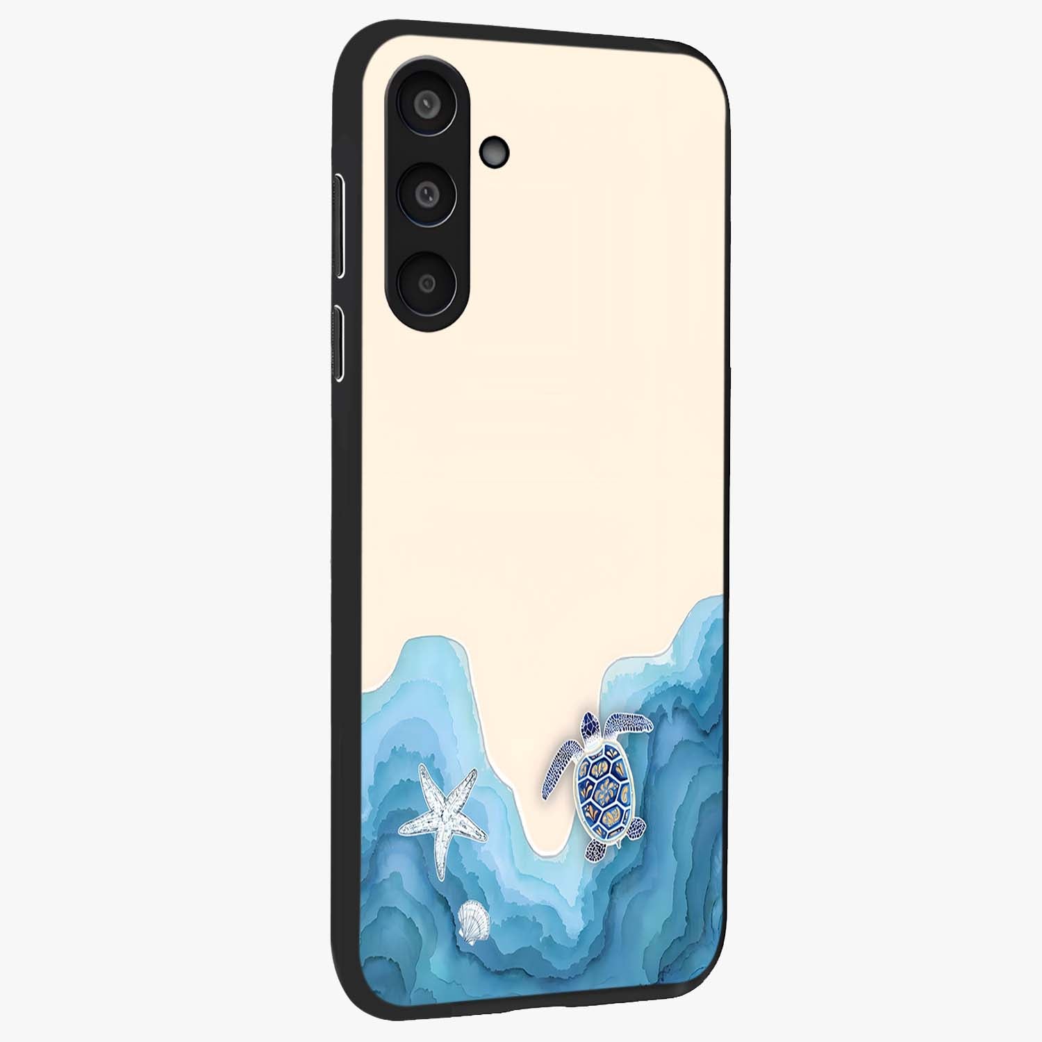 Ocean Drift Turtle Glass Case upright view showcasing calm underwater turtle artwork with nature inspired theme.