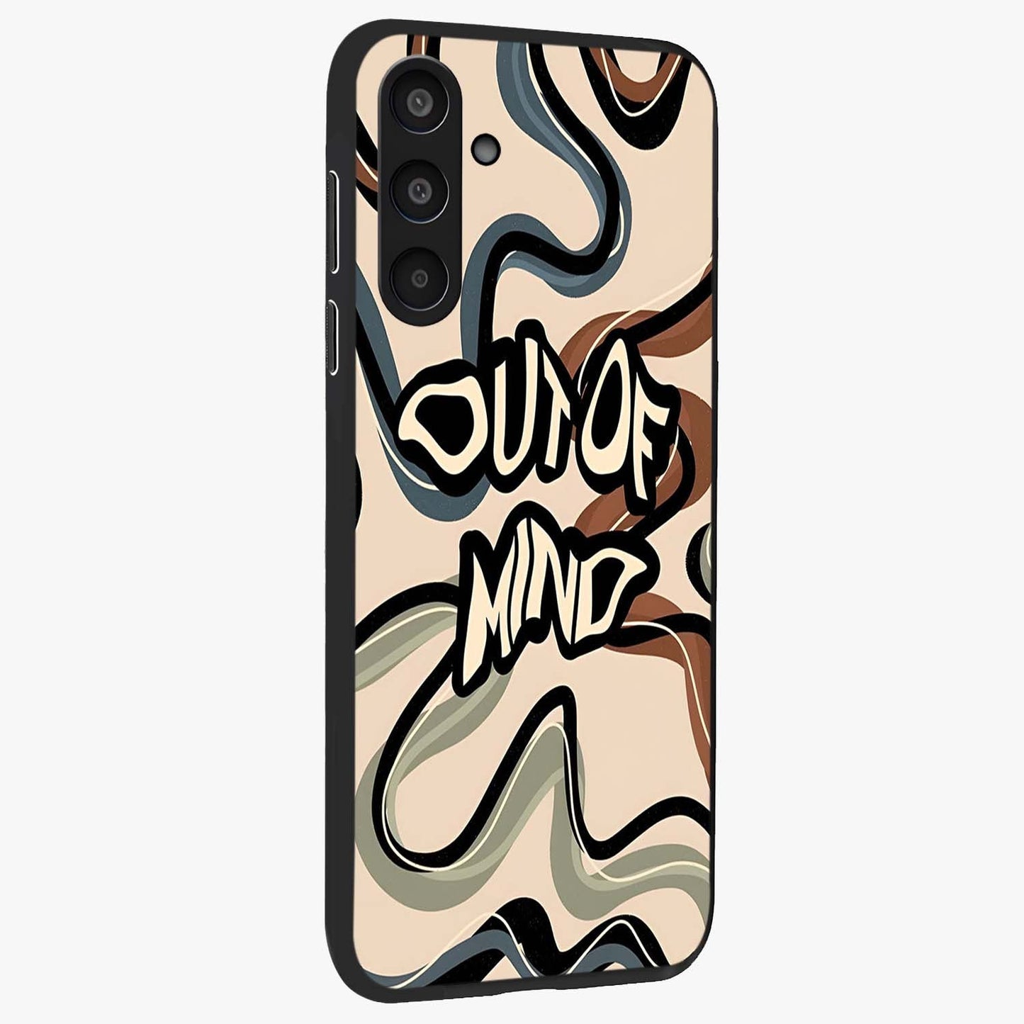 Out Of Mind Glass Case upright view showcasing striking typography artwork with edgy conceptual theme.