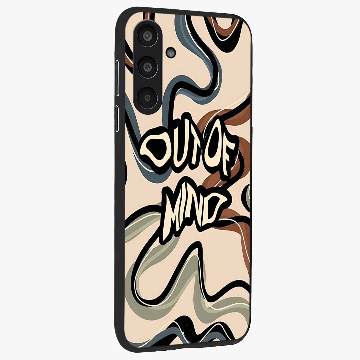 Out Of Mind Glass Case upright view showcasing striking typography artwork with edgy conceptual theme.