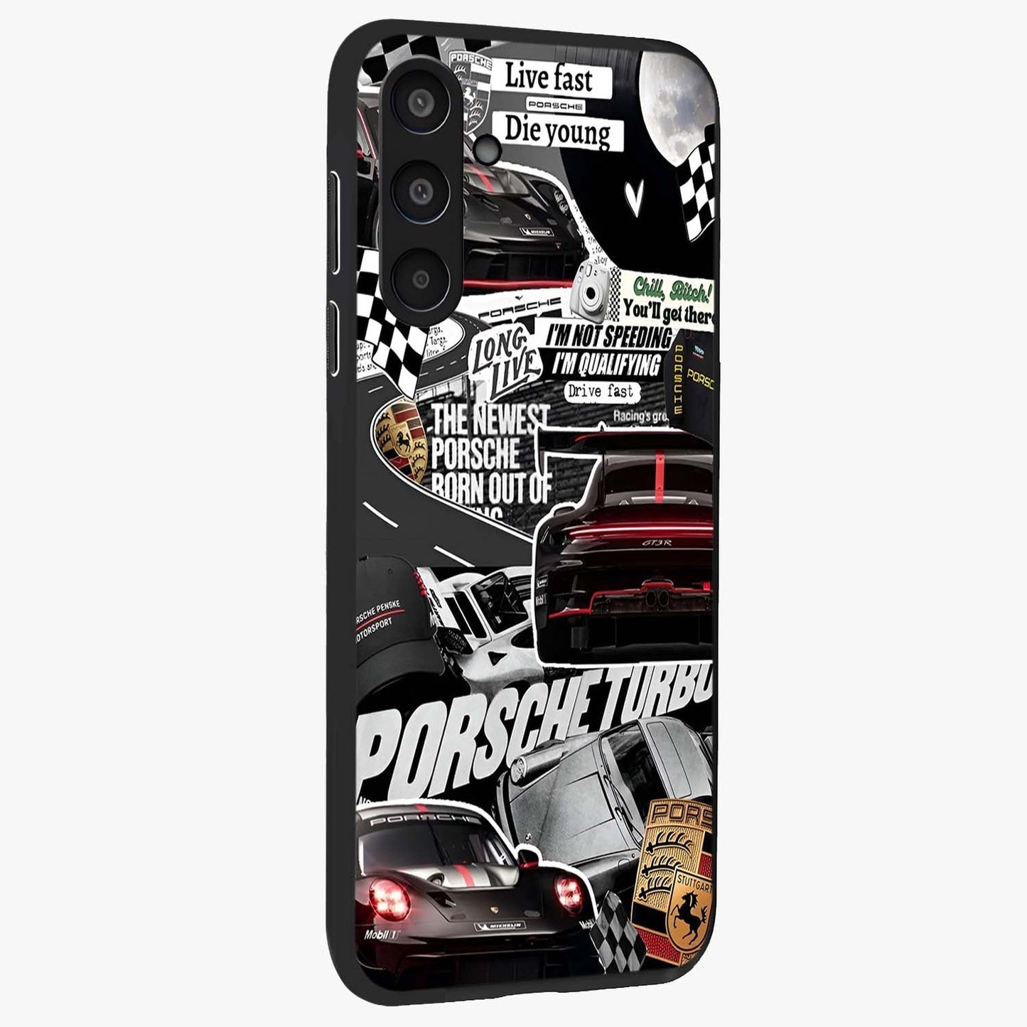 Porsche Racing Collage Glass Case upright view showcasing energetic car collage artwork with high speed racing theme.