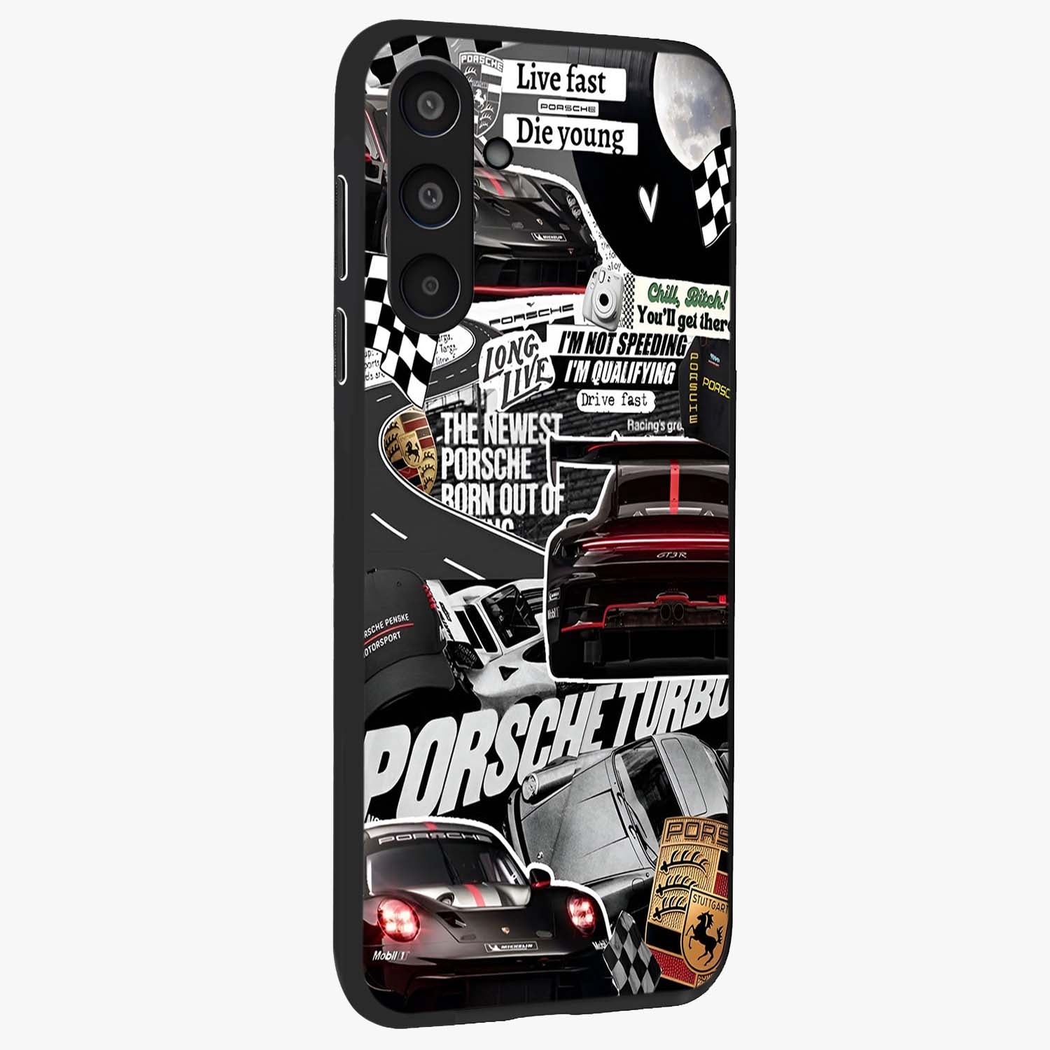 Porsche Racing Collage Glass Case upright view showcasing energetic car collage artwork with high speed racing theme.