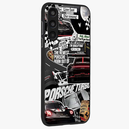 Porsche Racing Collage Glass Case upright view showcasing energetic car collage artwork with high speed racing theme.