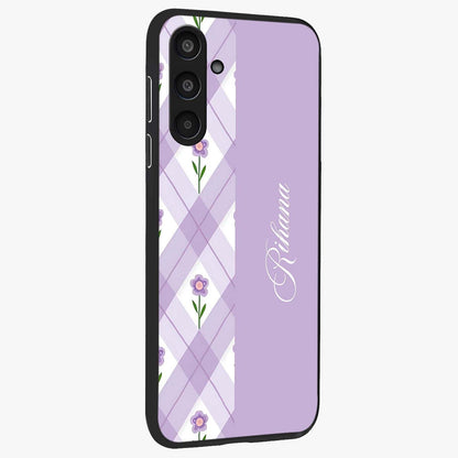 Purple Diamond Floral Glass Case upright view showcasing vibrant floral artwork with stylish geometric theme.