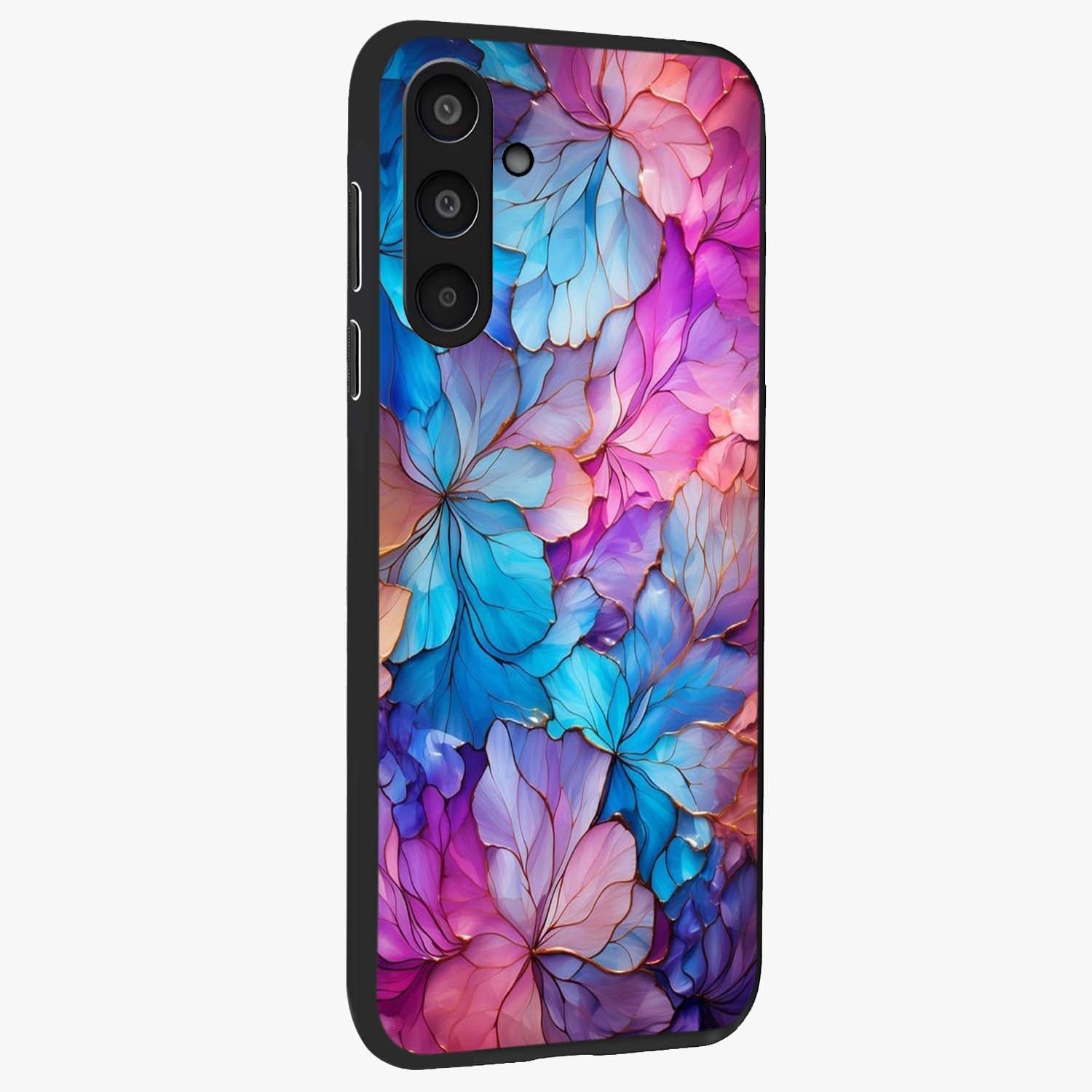 Radiant Floral Whirl Glass Case upright view showcasing lively floral artwork with decorative swirl theme.